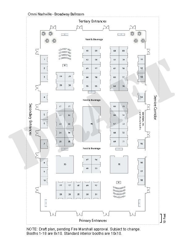 Floor plan: Omni Nashville Broadway Ballroom with tables and chairs arranged for an event.