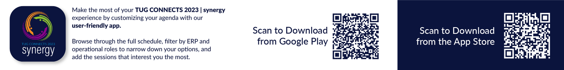 App logo with download options from Google Play and the App Store.