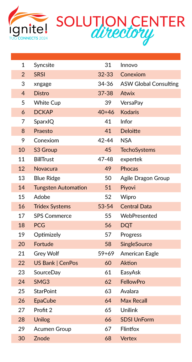 Directory of Solution Center, with a list of companies in an orange-themed design.
