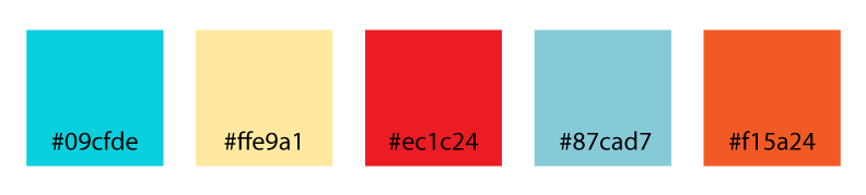 Color palette with turquoise, cream, red, light blue, and orange squares. Each has a hexadecimal color code.