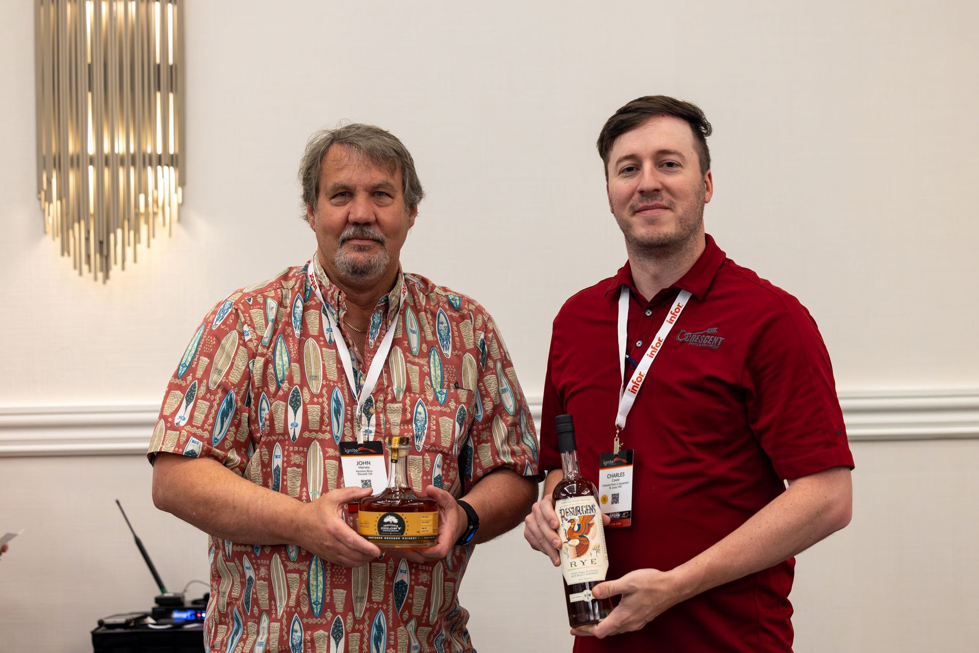 Two men holding a trophy and a bottle of liquor, smiling. One in a Hawaiian shirt, the other in a red polo.
