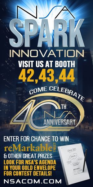 Advertisement for NSA Spark Innovation, booth 42, 43, 44, celebrating 40th anniversary.