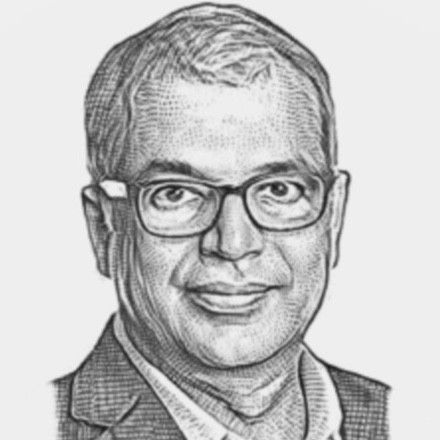 Man wearing glasses, smiling, drawn in a cross-hatch style.