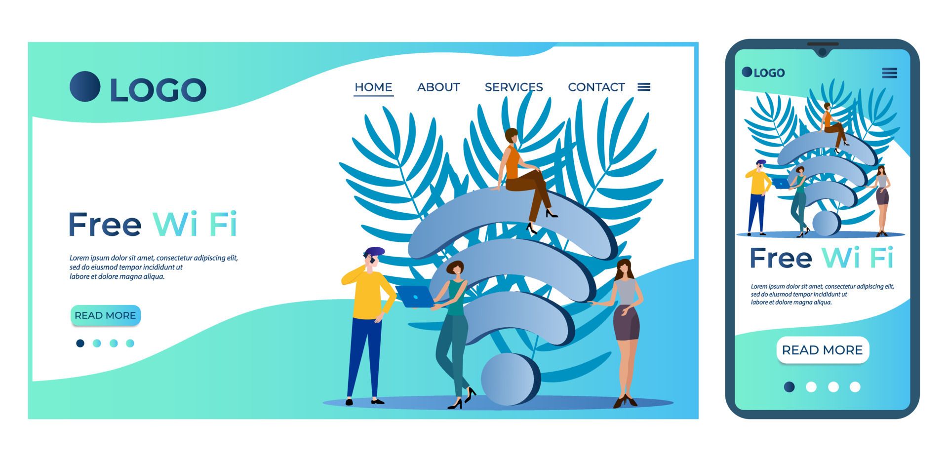 Webpage and mobile screen, free Wi-Fi concept. People around Wi-Fi symbol. Blue, teal and white colors.