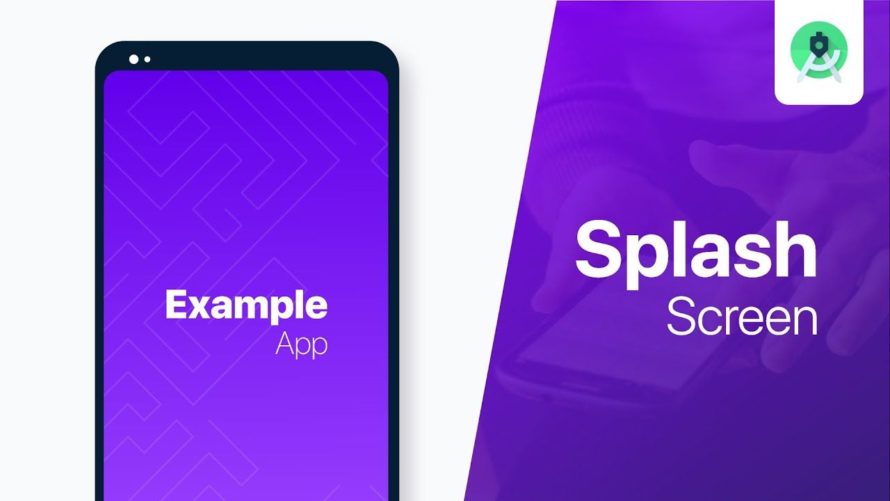 Mobile phone with a splash screen on a purple background. Text says "Example App".