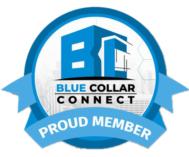 Blue collar connect logo. Blue emblem with building graphic,