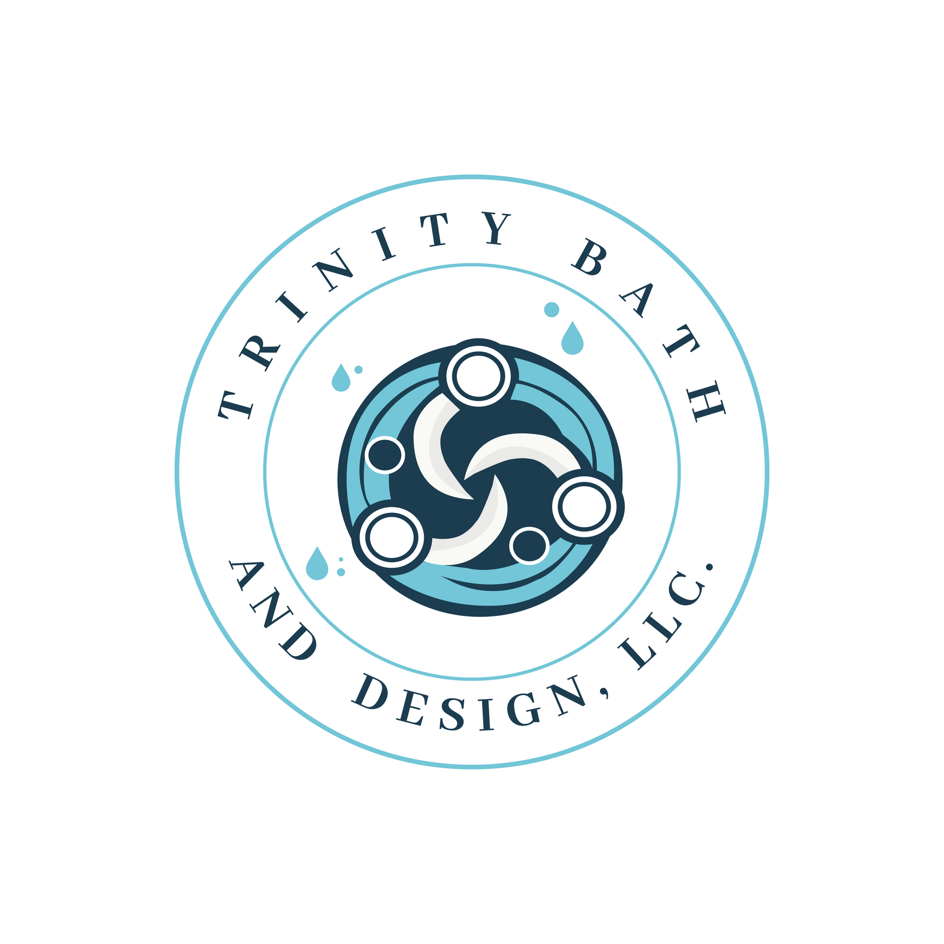 Trinity Bath and Design, LLC logo: Blue and white circular design with stylized water droplets and a central whirlpool shape.