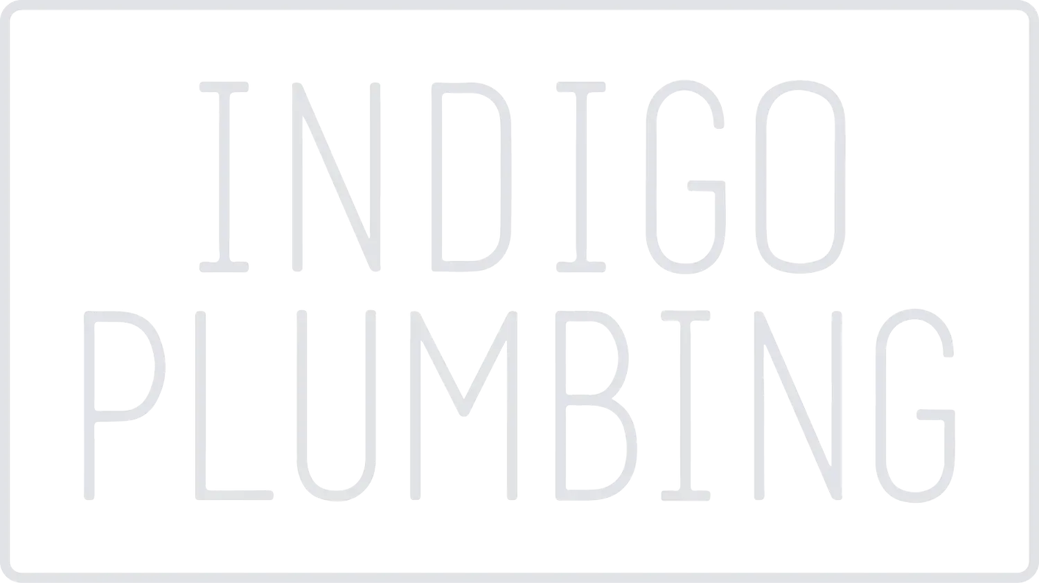 Logo reading “INDIGO PLUMBING” in light gray on a white background