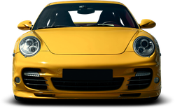 Front view of a white sports car with black grille and hood vents on a plain background | Tripp's Auto Body