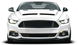 Front view of a white sports coupe with black grille and hood vents on a white background | Tripp's Auto Body