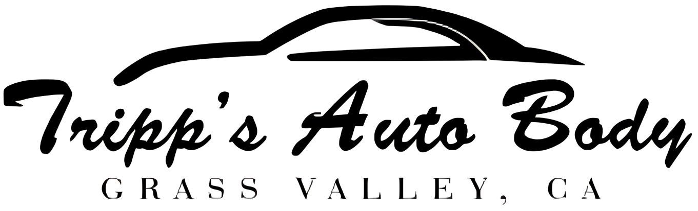 Tripp&rsquo;s Auto Body logo in black script with a car roofline and &ldquo;Grass Valley, CA&rdquo; underneath | Tripp's Auto Body