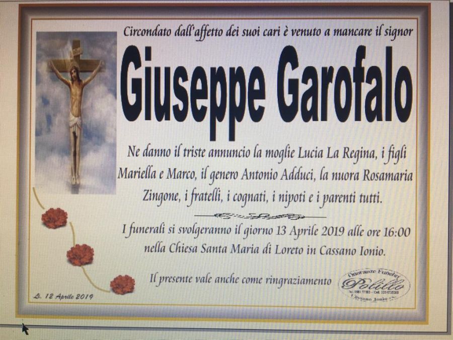 Manifesto funebre Giuseppe Garofalo
