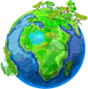 Stylized Earth with green continents, blue oceans, and trees, symbolizing environmental conservation