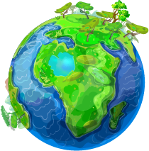 Stylized Earth with green continents, blue oceans, and trees, symbolizing environmental conservation