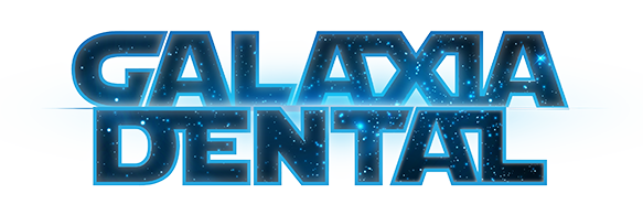 Blue glowing “GALAXY DENTAL” logo on a white background