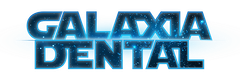 Blue glowing “GALAXY DENTAL” logo on a white background