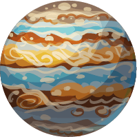 Colorful abstract planet with swirls of blue, orange, brown, and cream in a circular design
