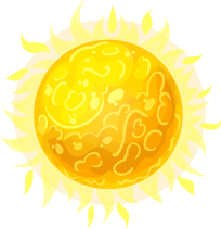 Yellow cartoon sun with bright rays and swirling details on a white background