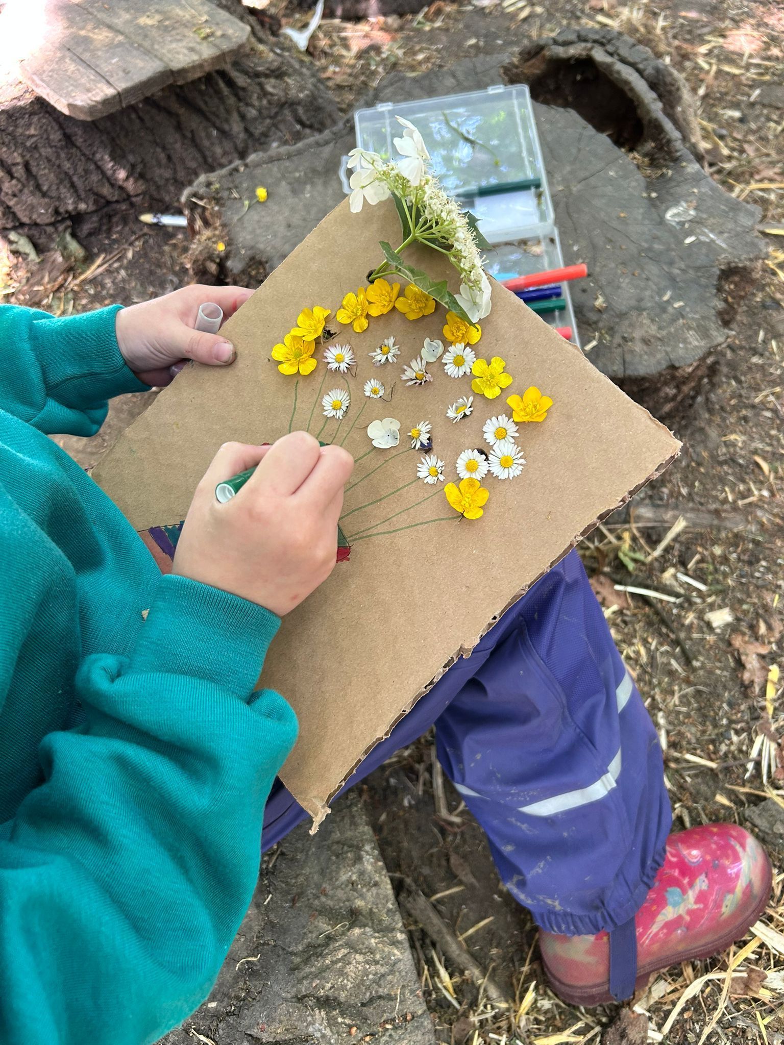 Child arranging flowers on cardboard, drawing with a crayon outdoors.