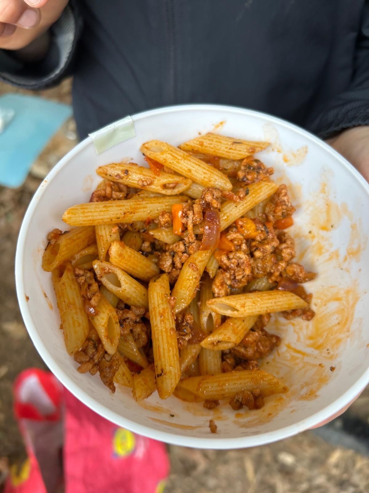 A person is holding a plate of pasta with meat and vegetables.
