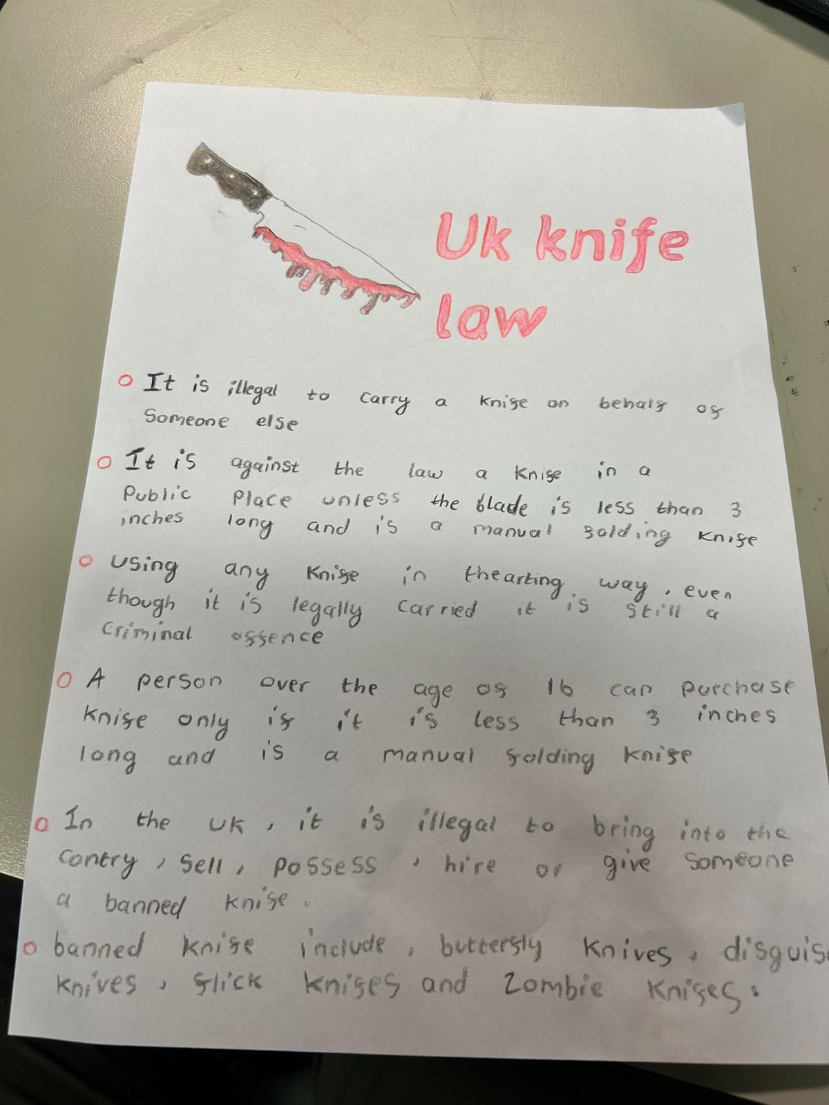 a young person has written a list if laws around knives.
