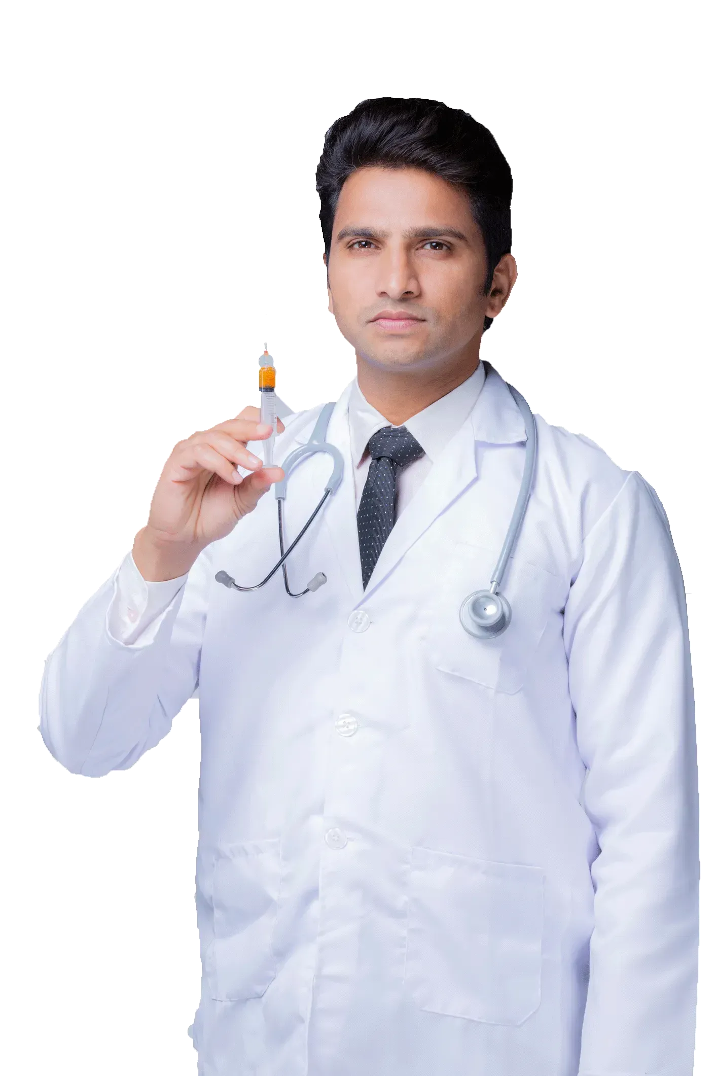 A doctor is holding a syringe in his hand.