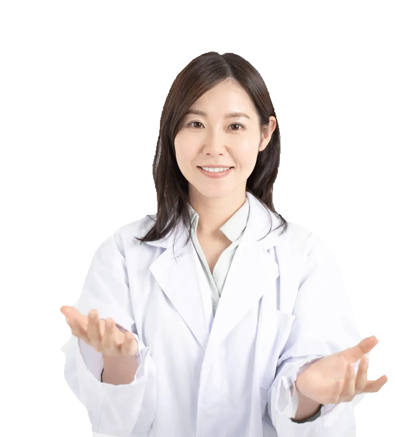 A woman in a white lab coat is smiling with her hands outstretched.