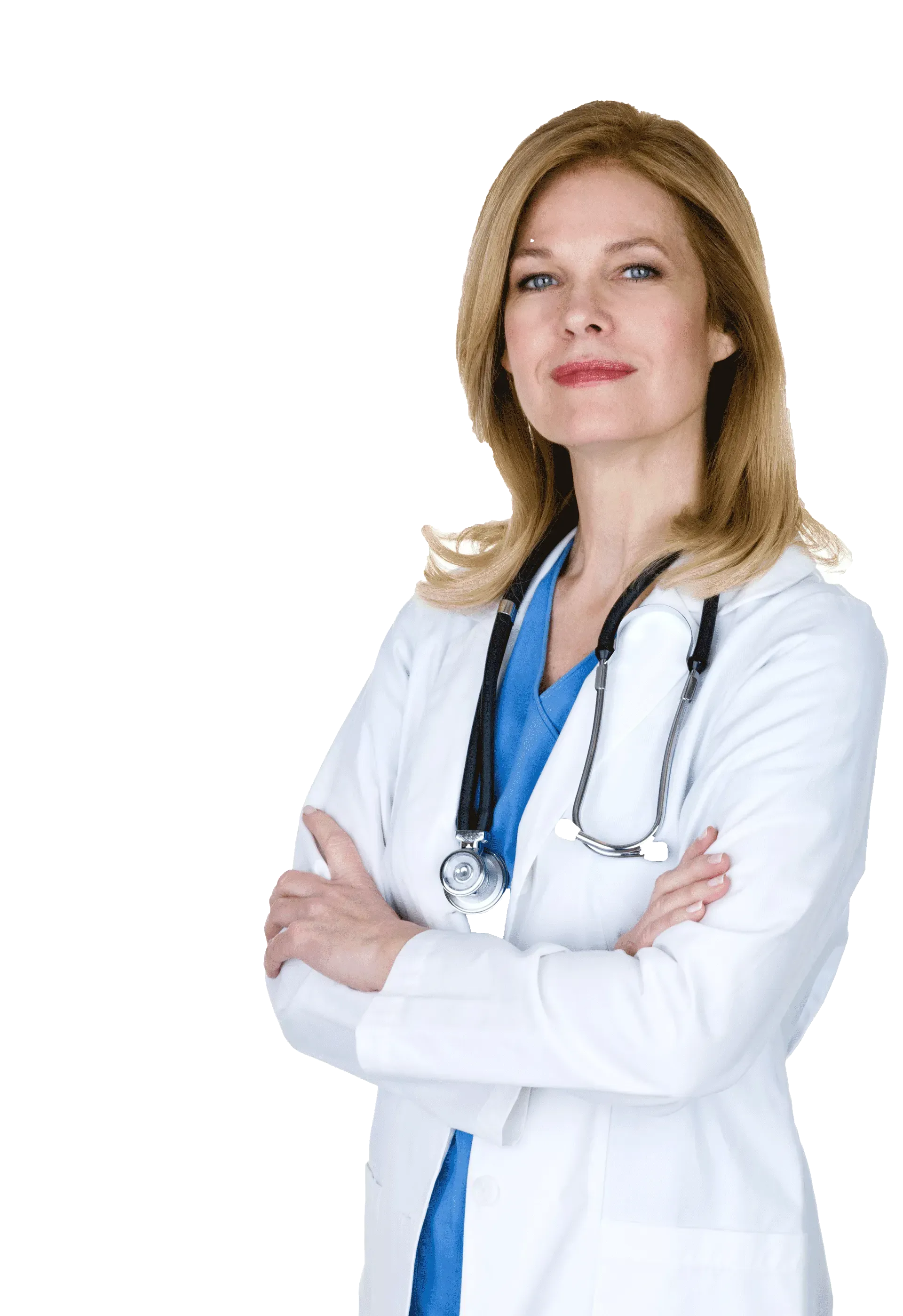 A female doctor with a stethoscope around her neck is standing with her arms crossed. A female doctor with a stethoscope around her neck is standing with her arms crossed.