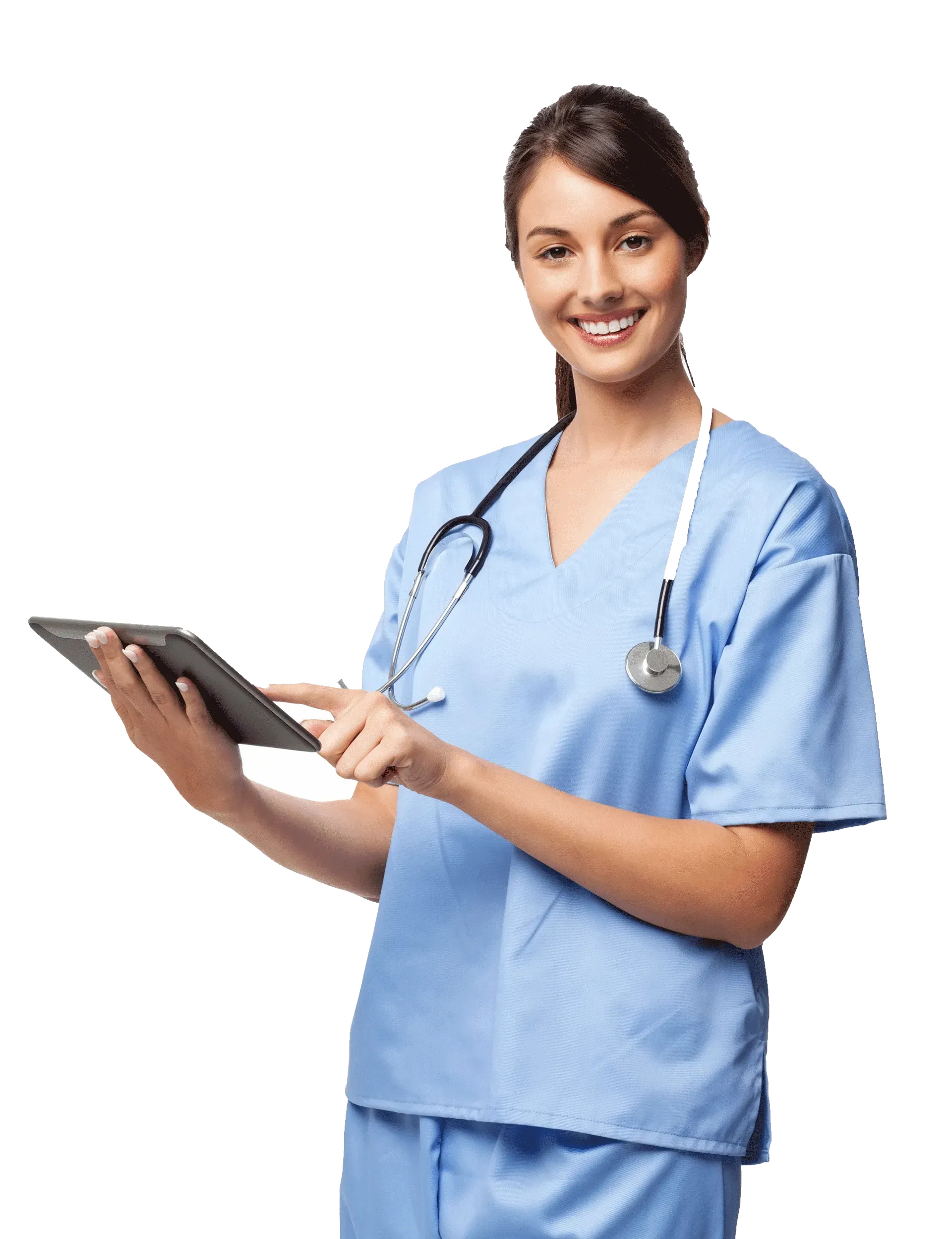 A nurse with a stethoscope around her neck is holding a tablet computer.