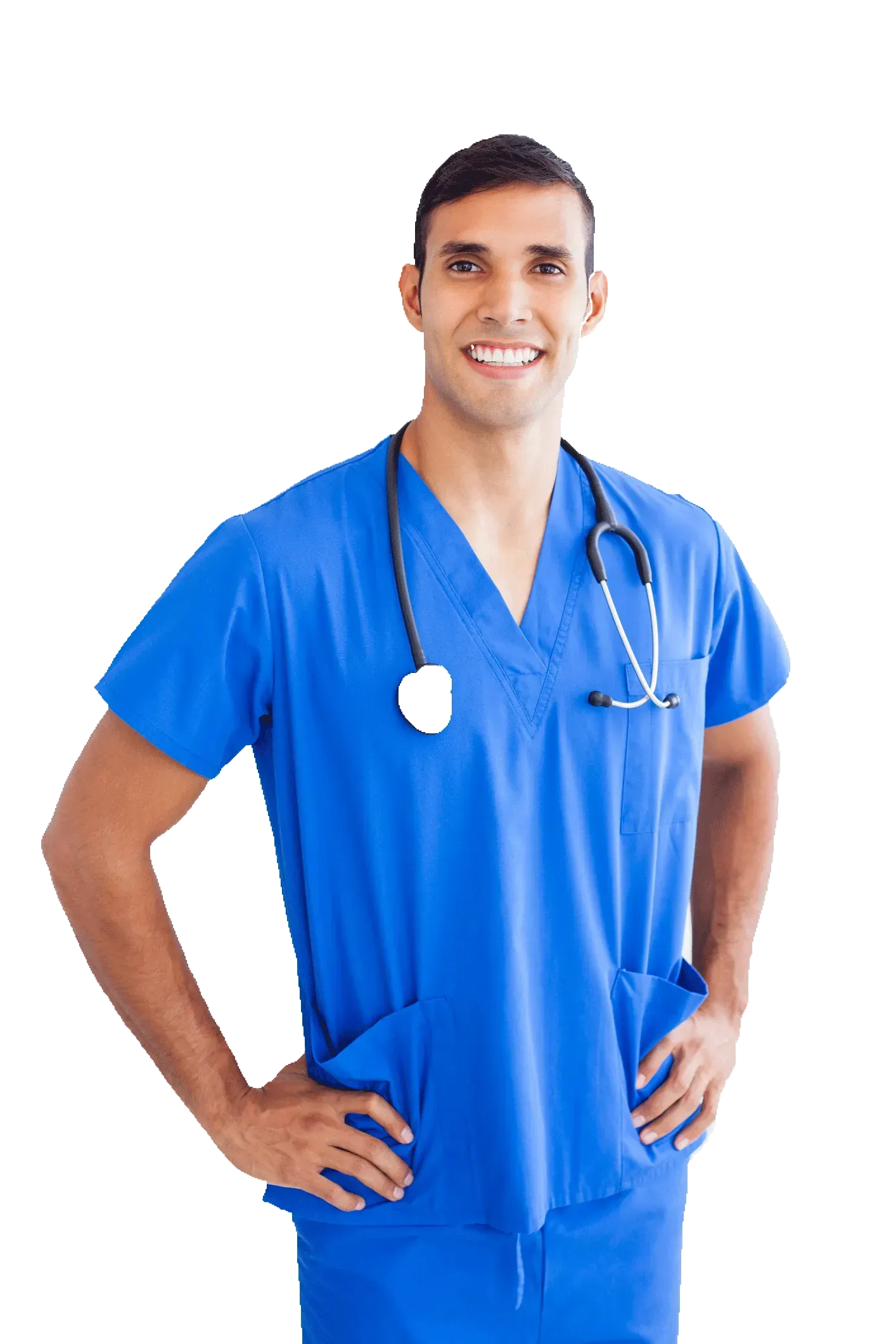 A man in a blue scrub with a stethoscope around his neck.
