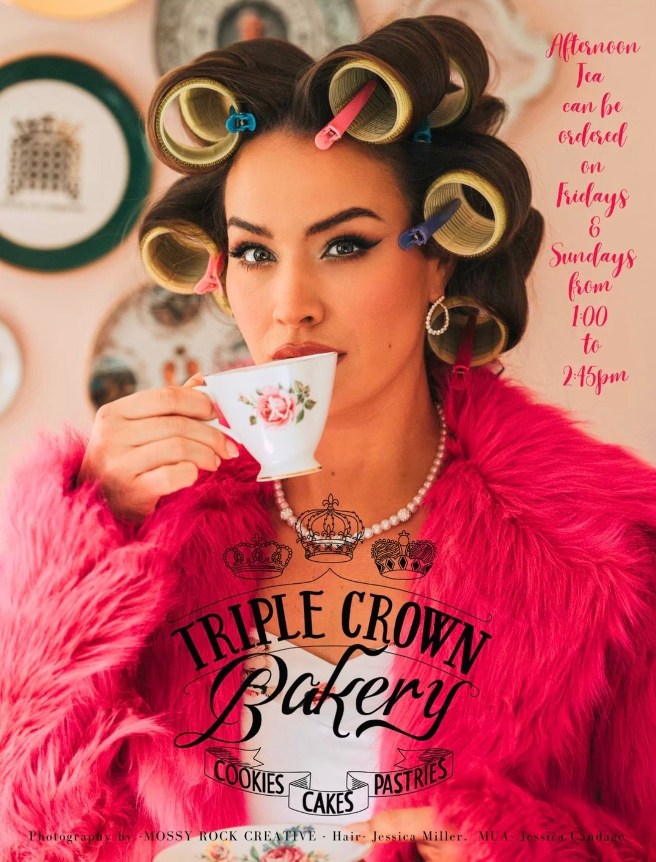 Woman in curlers sips tea in pink fur coat, advertising Triple Crown Bakery.