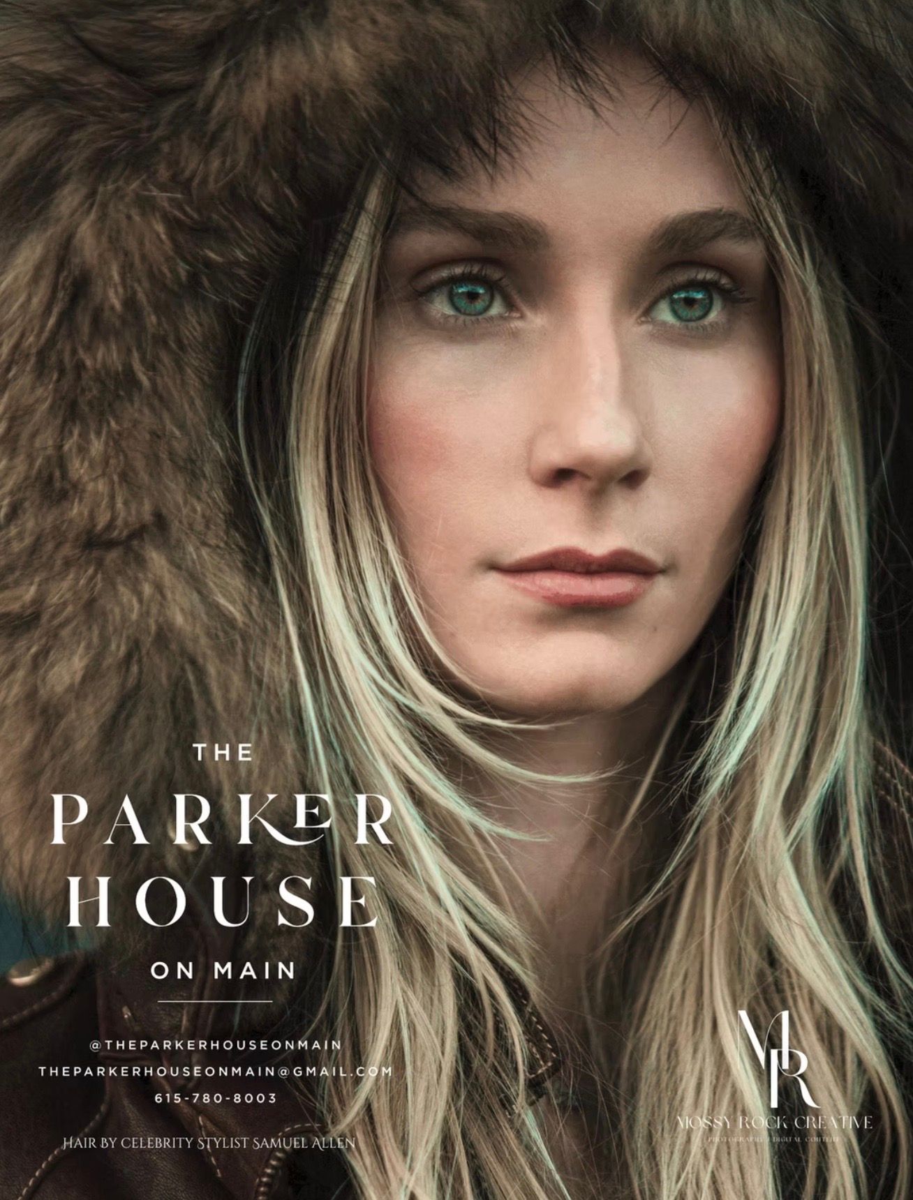 Woman in fur-trimmed hood, The Parker House On Main ad. Blonde hair, blue eyes, serious expression.