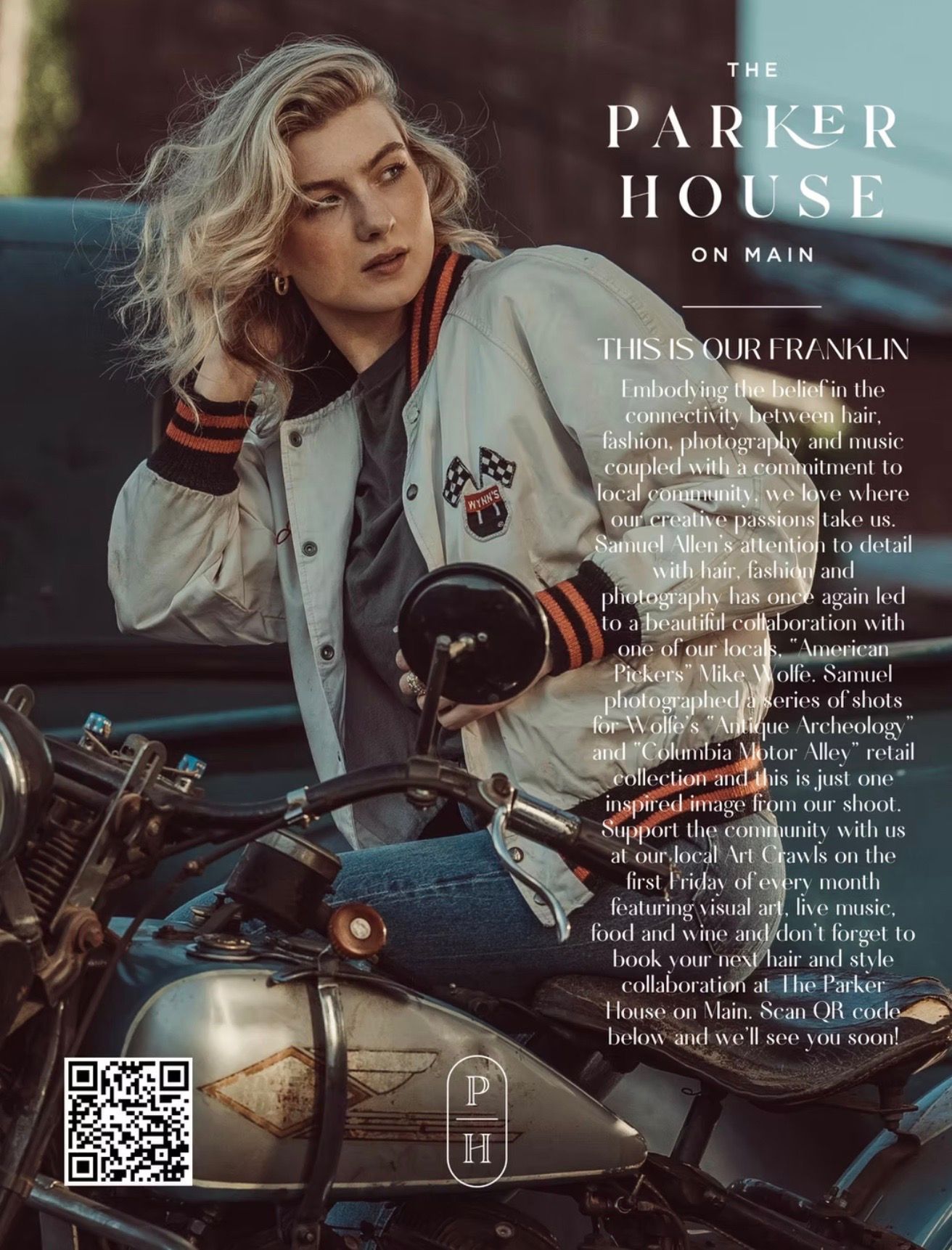 Woman in bomber jacket on motorcycle, The Parker House on Main.