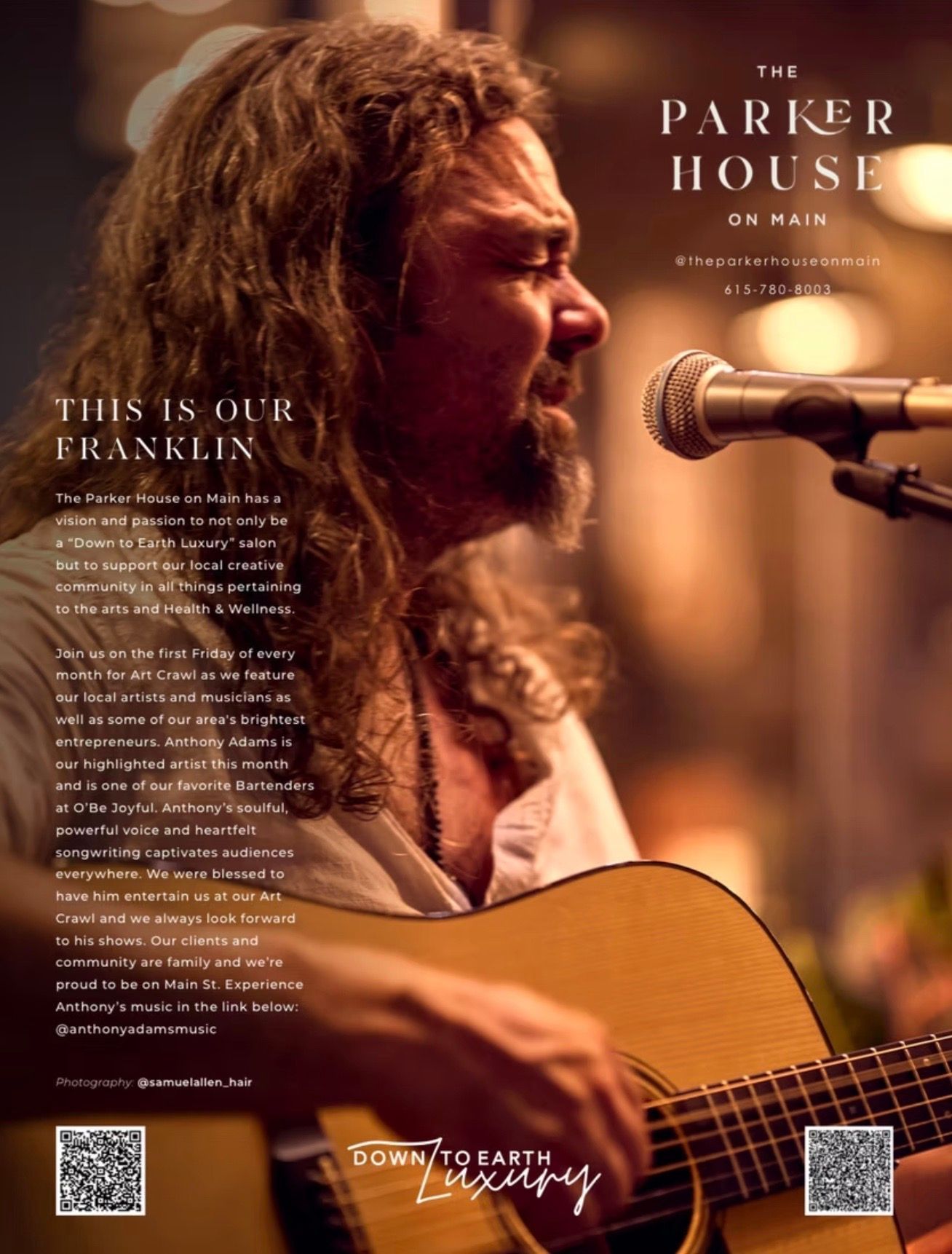 Man with long hair singing and playing guitar at The Parker House on Main.