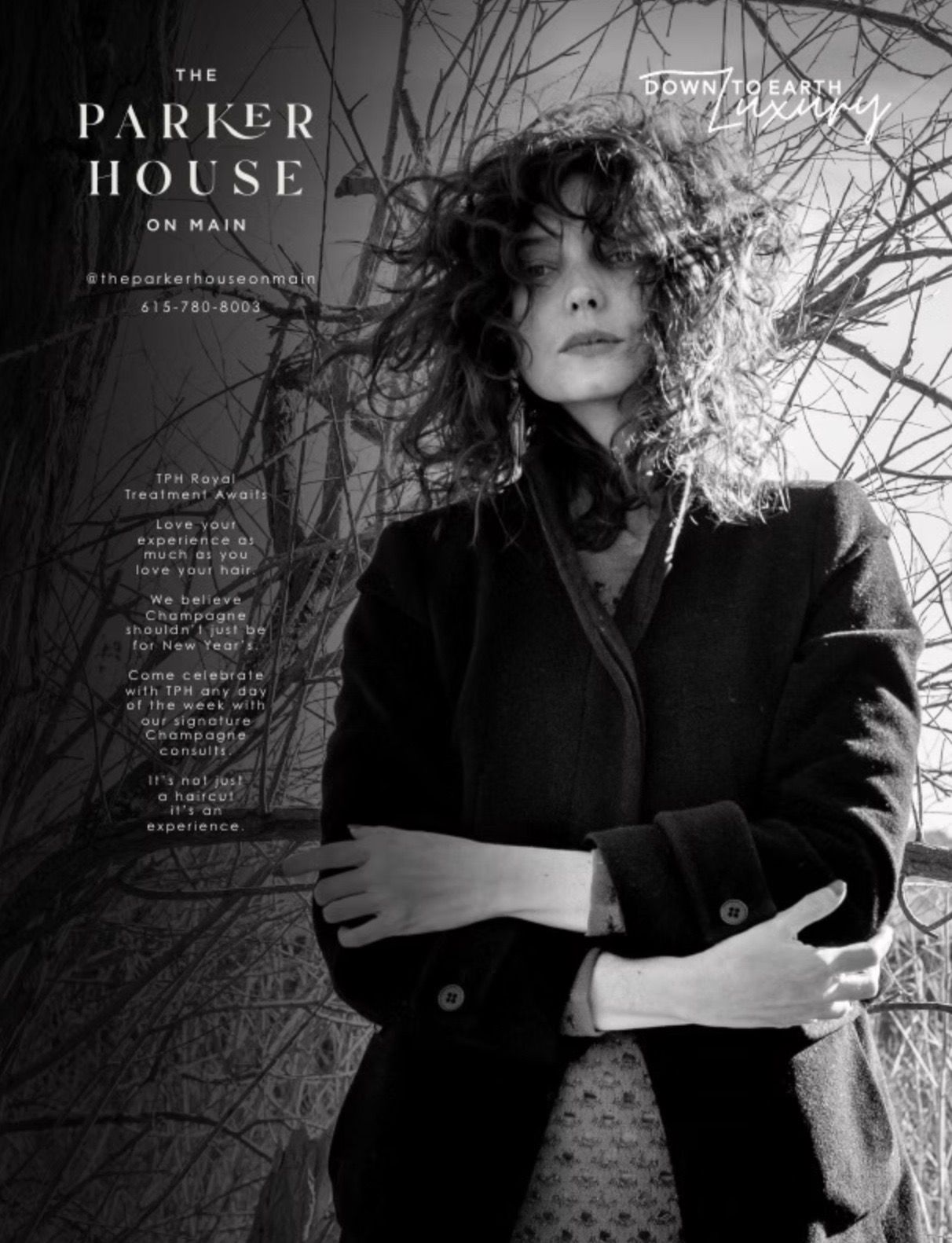 Woman in black coat stands against branches; text reads 