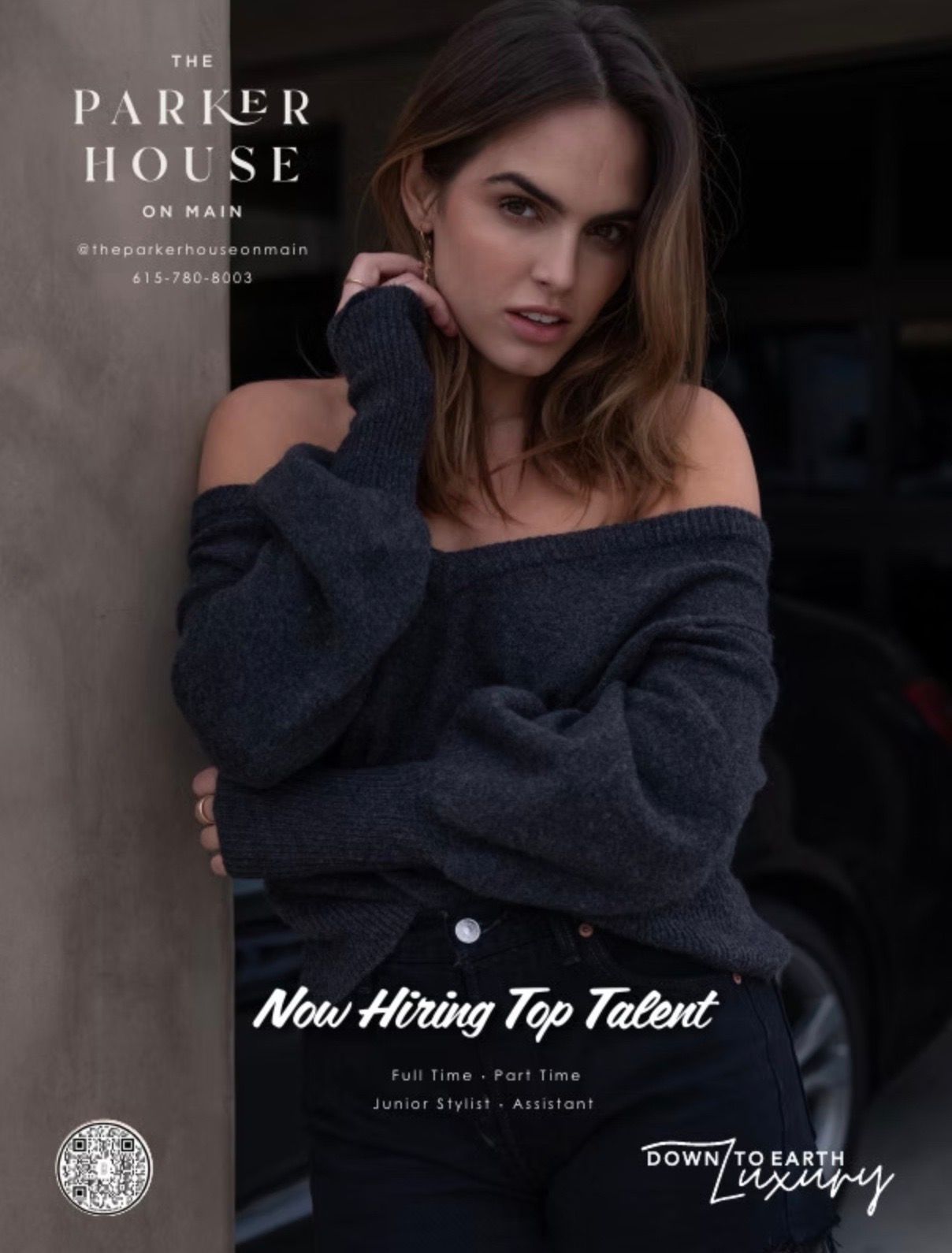 Woman in off-the-shoulder sweater; Parker House 