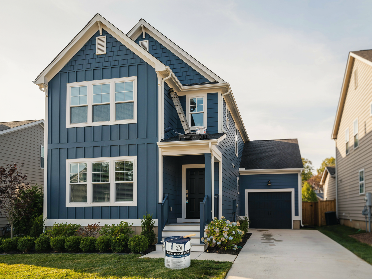 Blue two-story house with white trim, front porch, garage, and driveway in a suburban neighborhood