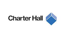 Charter Hall logo: Black text with name, blue 3D cube symbol.