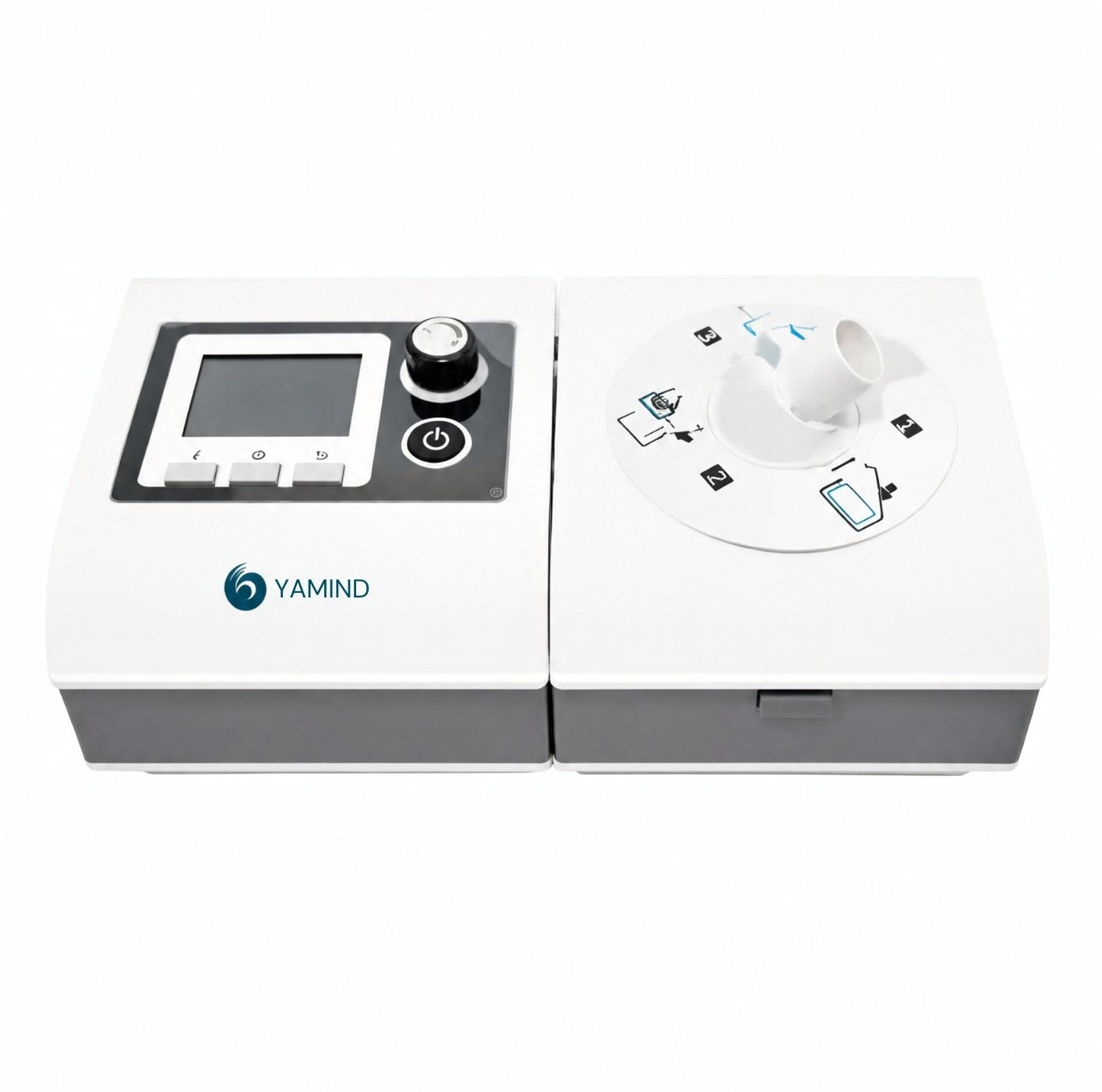Dispositivo de control de sobremesa blanco con pantalla, dial y controles circulares en el panel derecho.