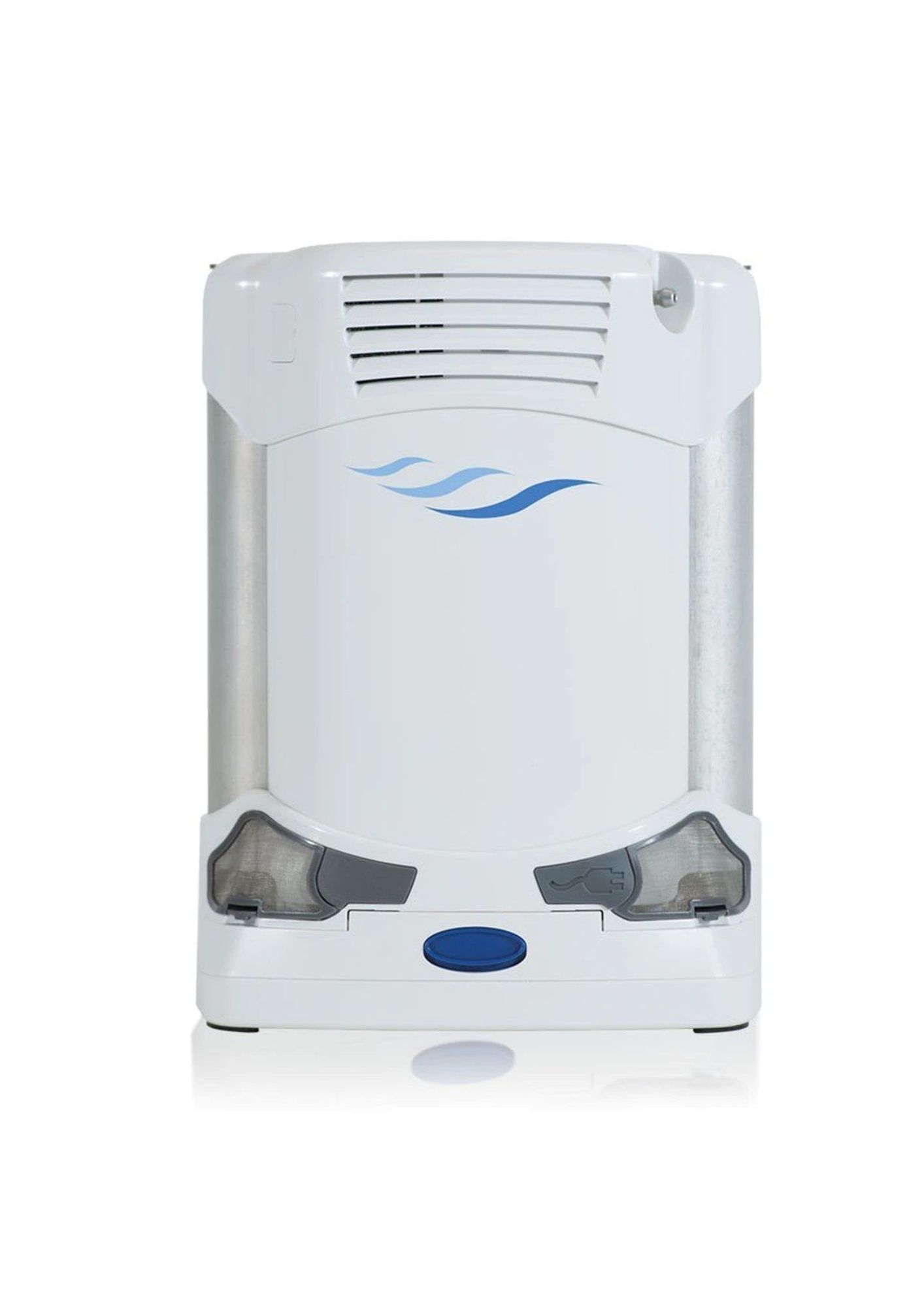 Purificador de aire blanco montado en la pared con detalles azules y dos rejillas de ventilación inferiores.