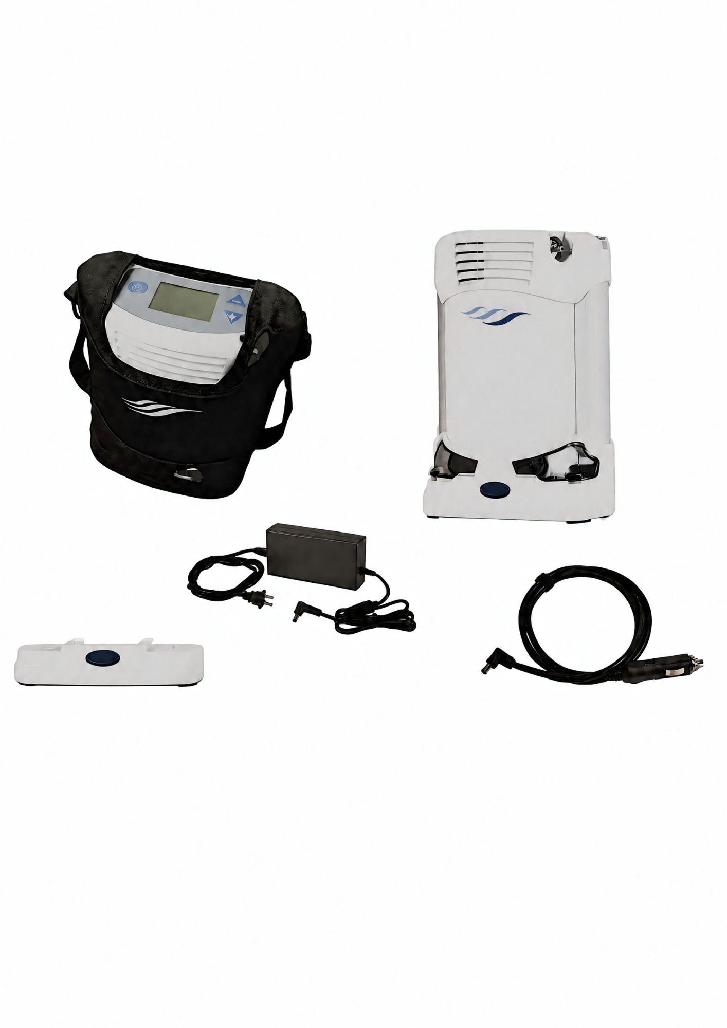 Purificador de aire blanco montado en la pared con detalles azules y dos rejillas de ventilación inferiores.