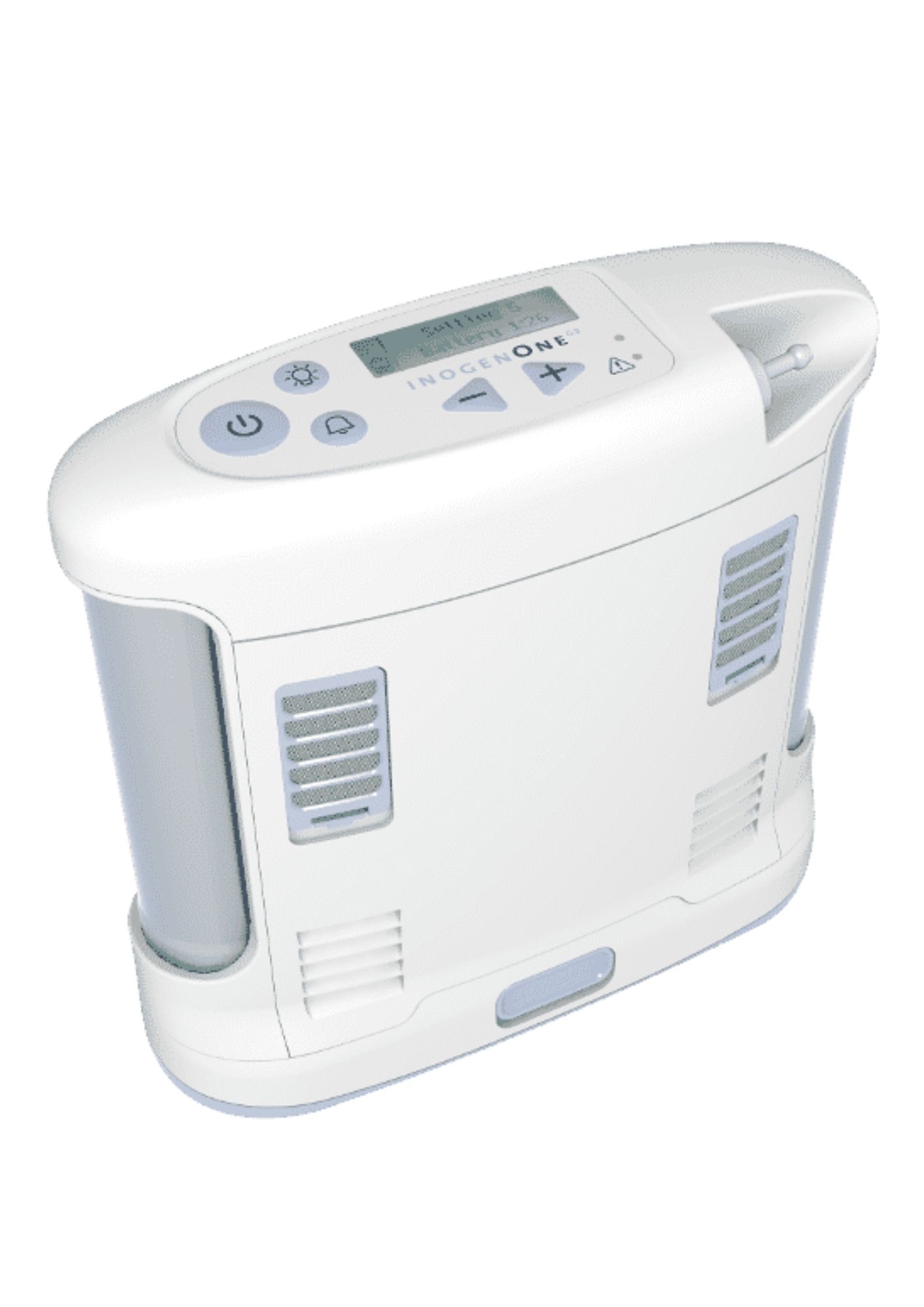 Purificador de aire portátil blanco con panel de control digital y laterales ventilados sobre un fondo liso.