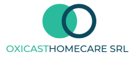 Logotipo de Oxicas Homecare SRL con círculos superpuestos de color verde azulado y verde oscuro.
