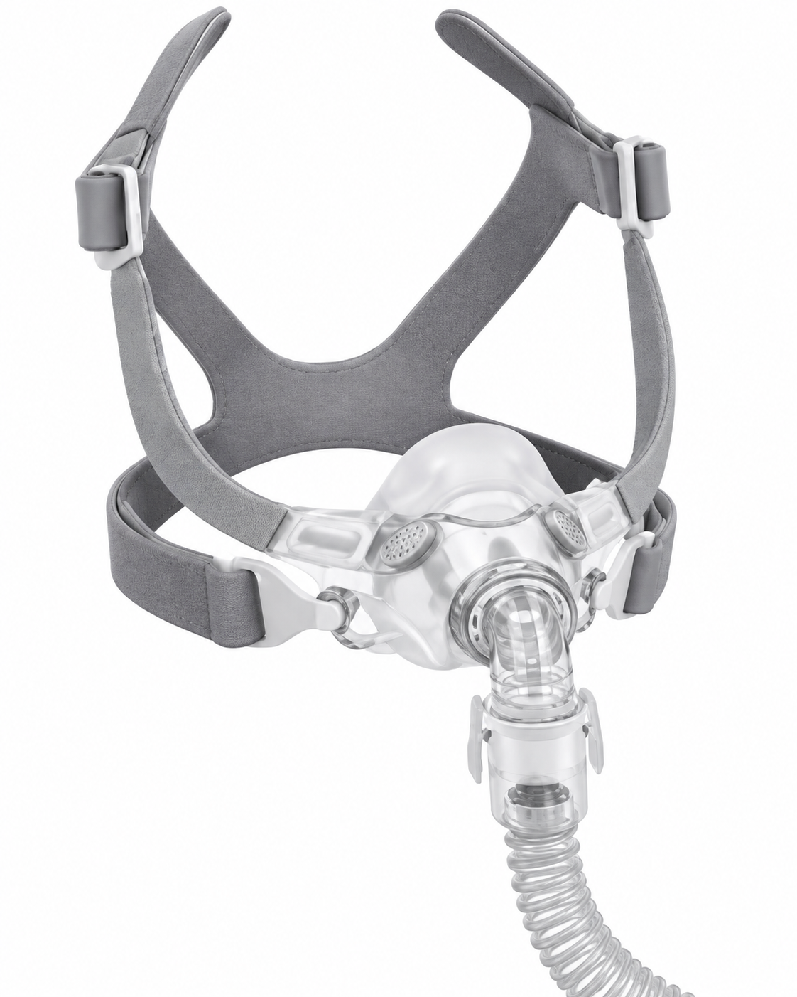 Mascarilla nasal CPAP con arnés gris y correa superior azul, unida a un tubo acanalado.