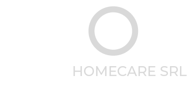 Logotipo de HOMECARE SRL con un icono circular gris claro encima del texto.