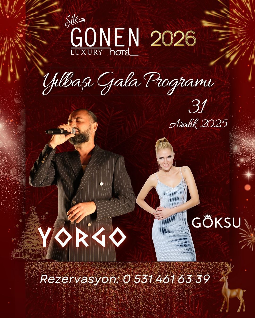 Poster for a New Year's Gala at Gonen 2026 Luxury Hotel featuring performers Yorgo and Göksu.