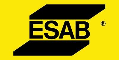 Logo d'ESAB, fabricant de matériel de soudage, avec texte noir sur fond jaune.