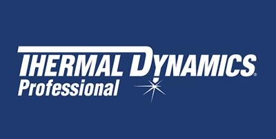 Logo de Thermal Dynamics sur fond bleu. Le nom de l'entreprise est en blanc, avec un « D » stylisé et un motif en forme d'étoile.