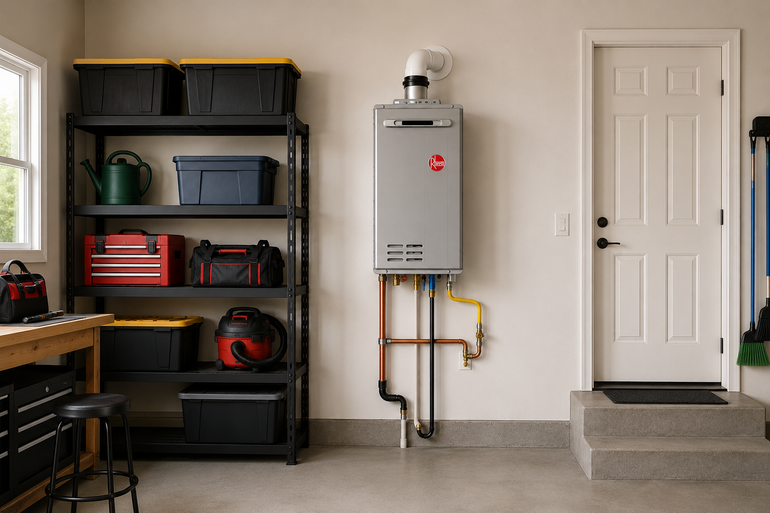 Hand adjusting a water heater’s bottom control knob with exposed pipes and wall outlet nearby