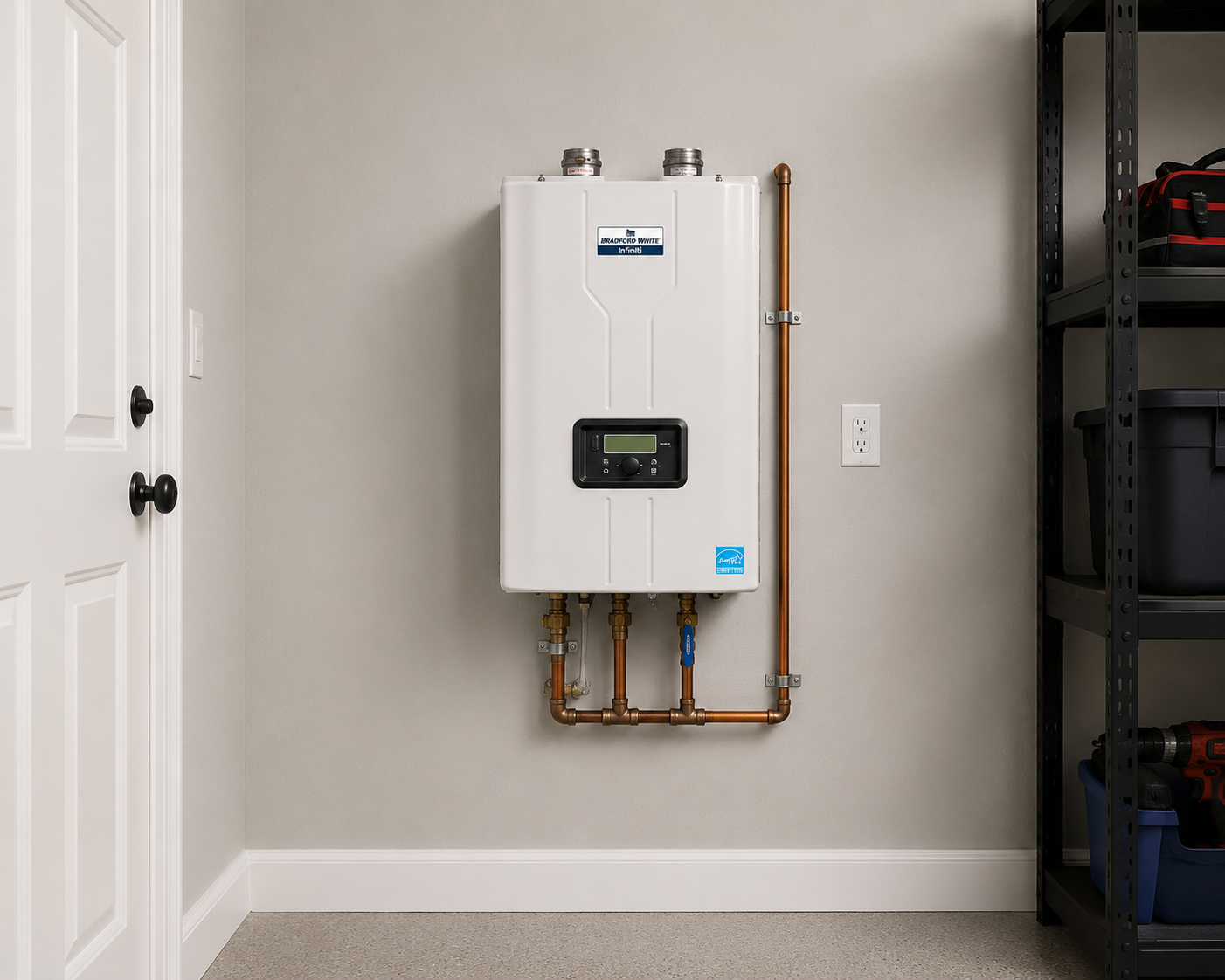 White wall-mounted boiler with control panel and pipes beneath it